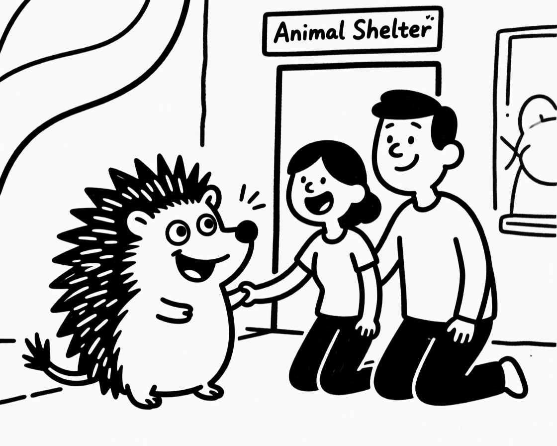 A hedgehog getting adopted from a shelter, tail wagging as a new family kneels to greet it.