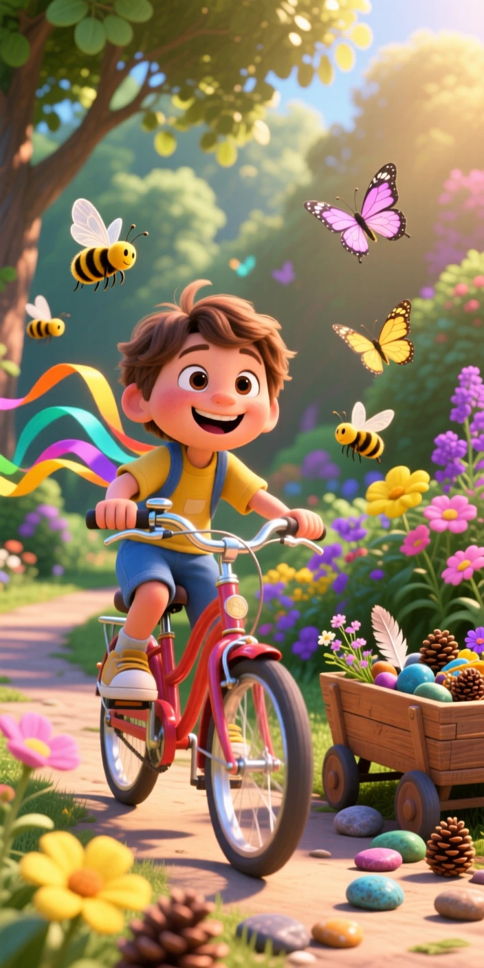 A child riding a bicycle with streamers on the handlebars takes place in a garden full of buzzing bees and butterflies, with a wagon full of collected treasures nearby. The scene bursts with childhood wonder and delight.