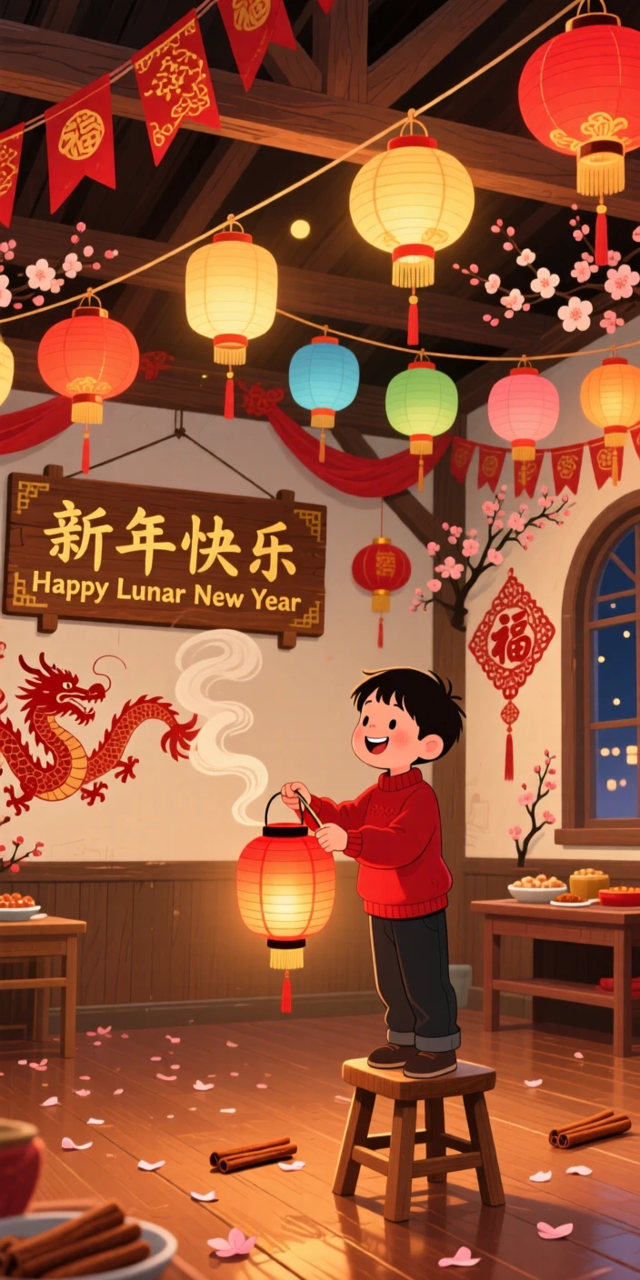 A boy carrying a lantern spend the evening hanging paper lanterns for a Lunar New Year celebration in a decorated town hall, as the scent of cinnamon fills the air.