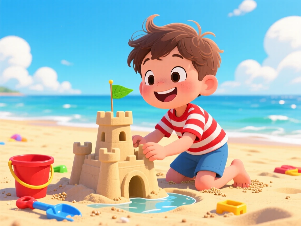 A little boy building his first sandcastle with a proud smile.