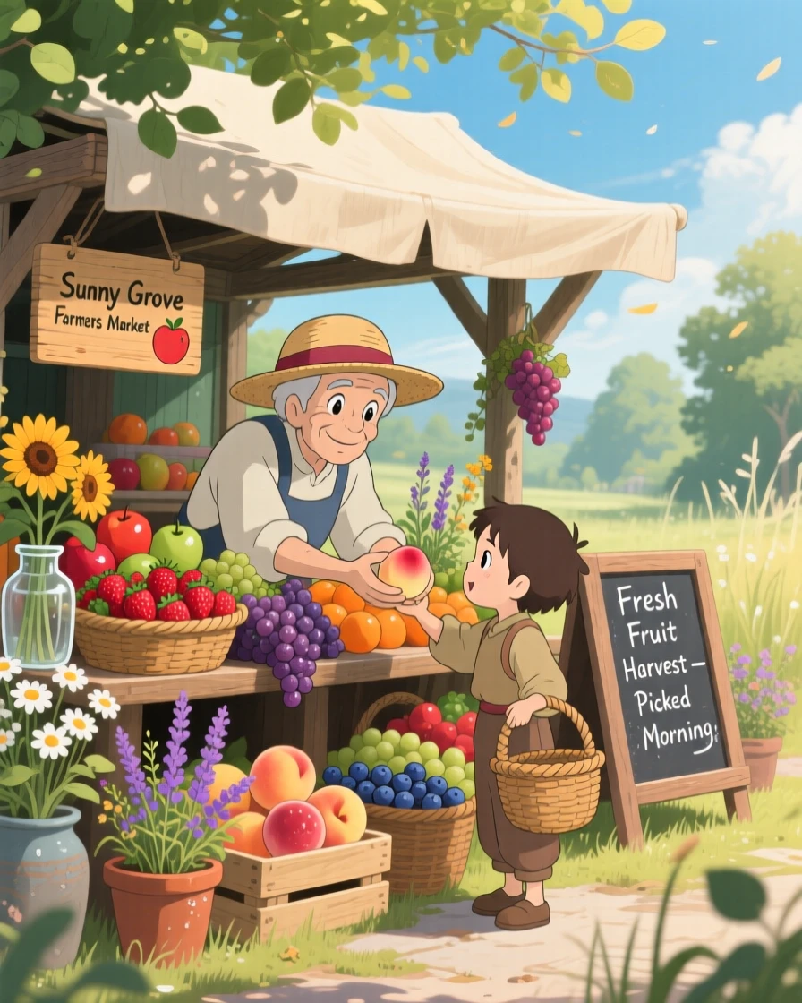 A warm, inviting scene of a farmers market stall overflowing with fresh fruit, with fresh flowers arranged nearby.