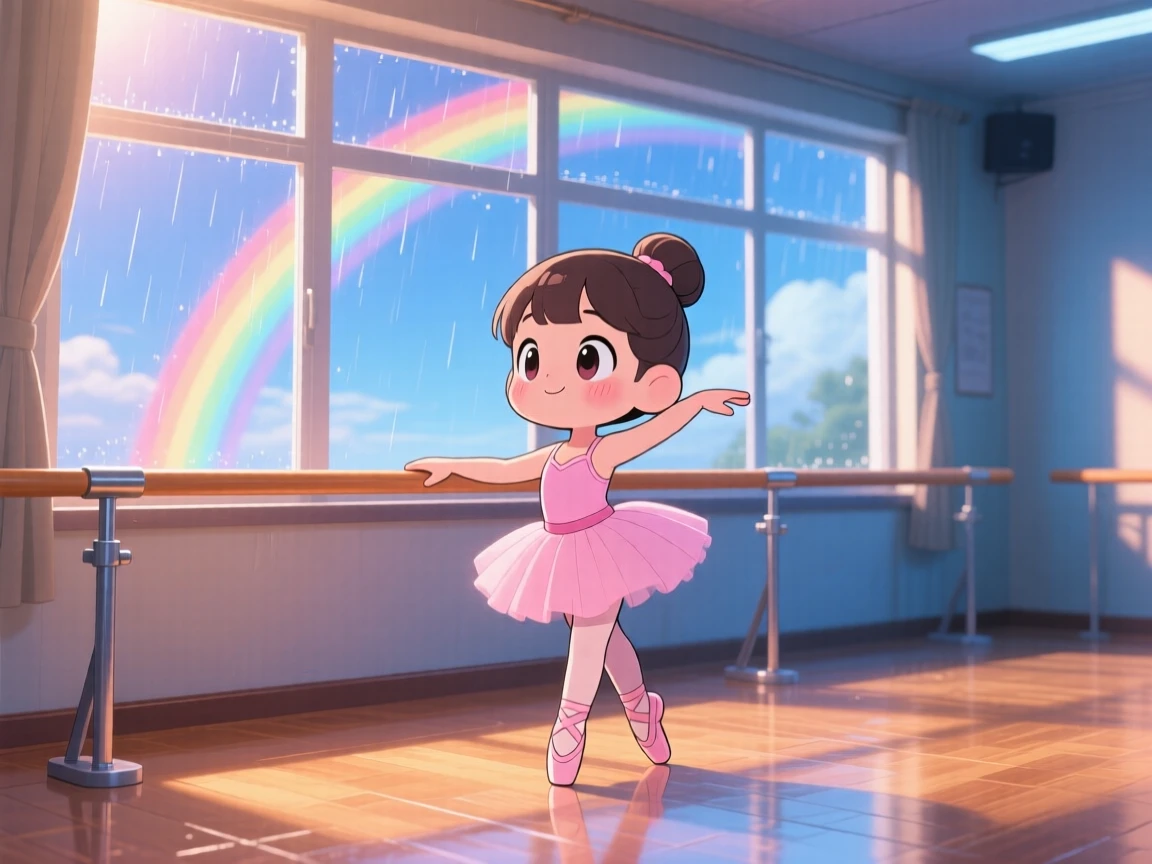 In a sunlit dance studio, a little ballerina is practicing at a barre with focused determination under a rainbow after the rain, bathed in cool blue twilight glow, expression full of wide-eyed wonder. Shot as a three-quarter view.