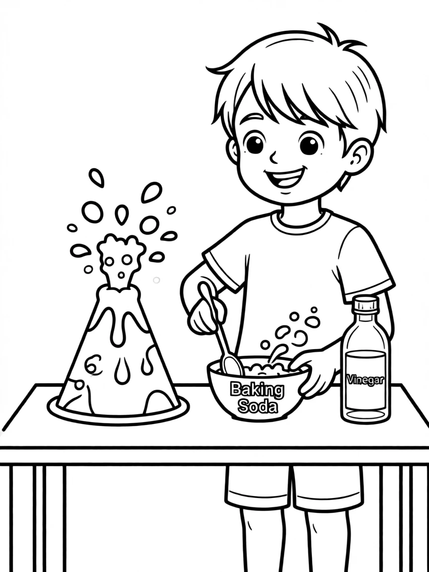 A child mixing baking soda and vinegar for a fizzy volcano