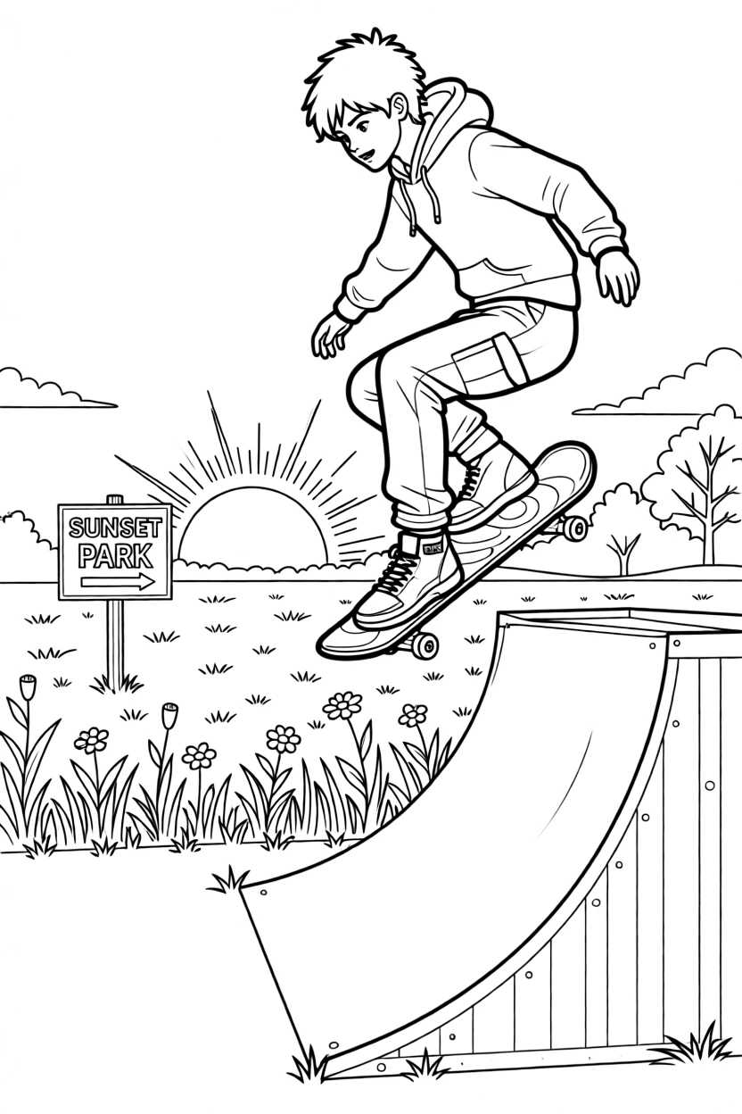 A skateboarder launching off a ramp mid-trick, with the sun setting behind the field.