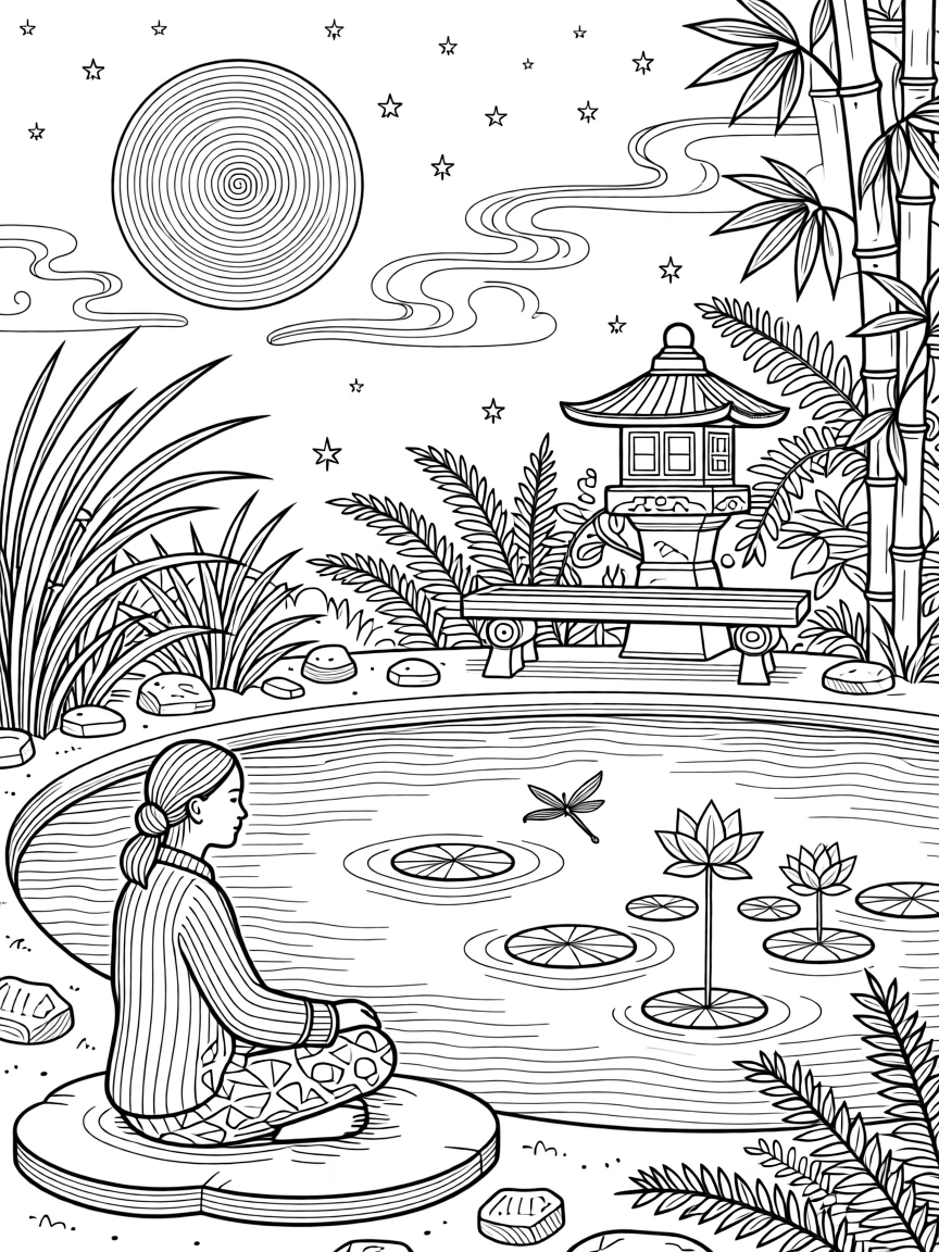 A quiet moonlit meditation scene beside a still garden pond.