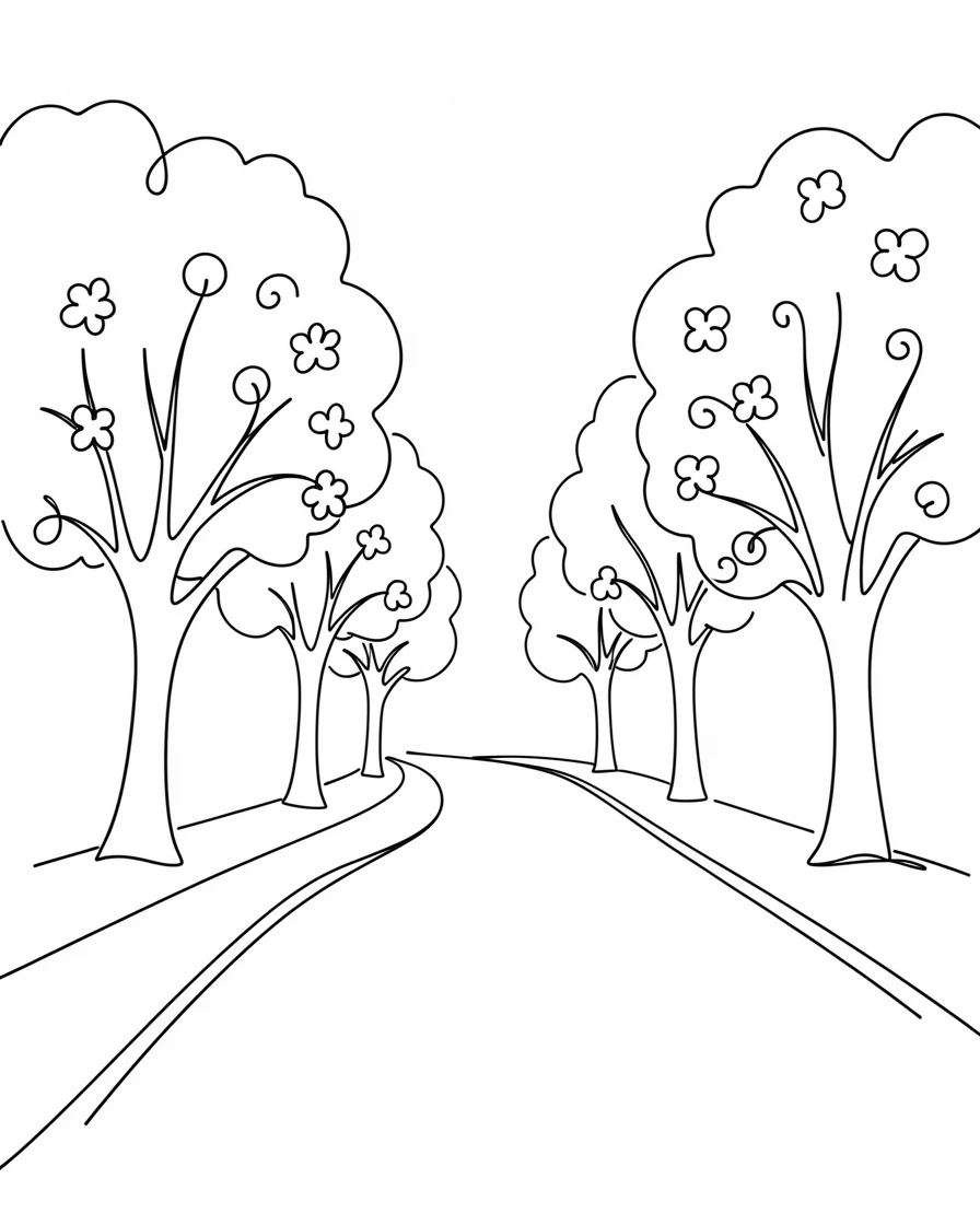 A quiet residential street lined with blossoming trees in early spring