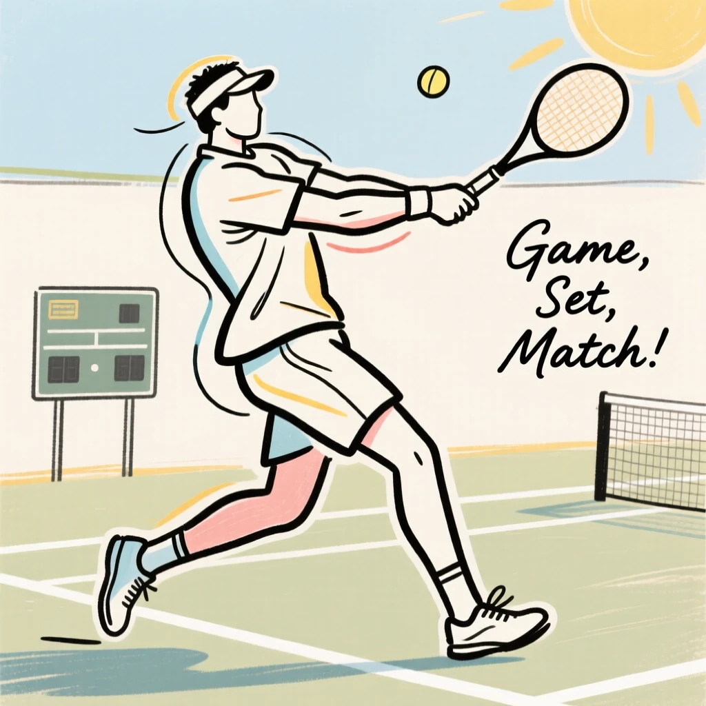 A tennis player mid-swing on a sunlit outdoor court.