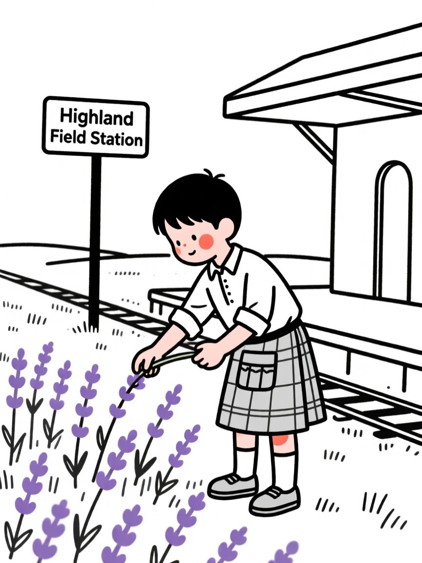 A young boy of Scottish heritage harvesting lavender in a summer field, at a rural train station.