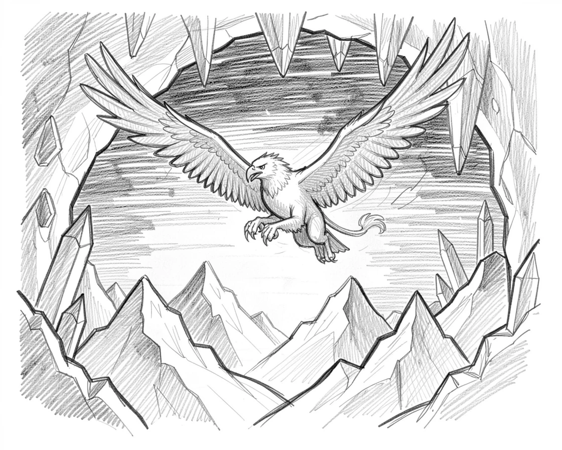 A griffin soaring over jagged mountain peaks, inside a cavern lit by crystal formations, with the horizon ablaze in impossible colors.