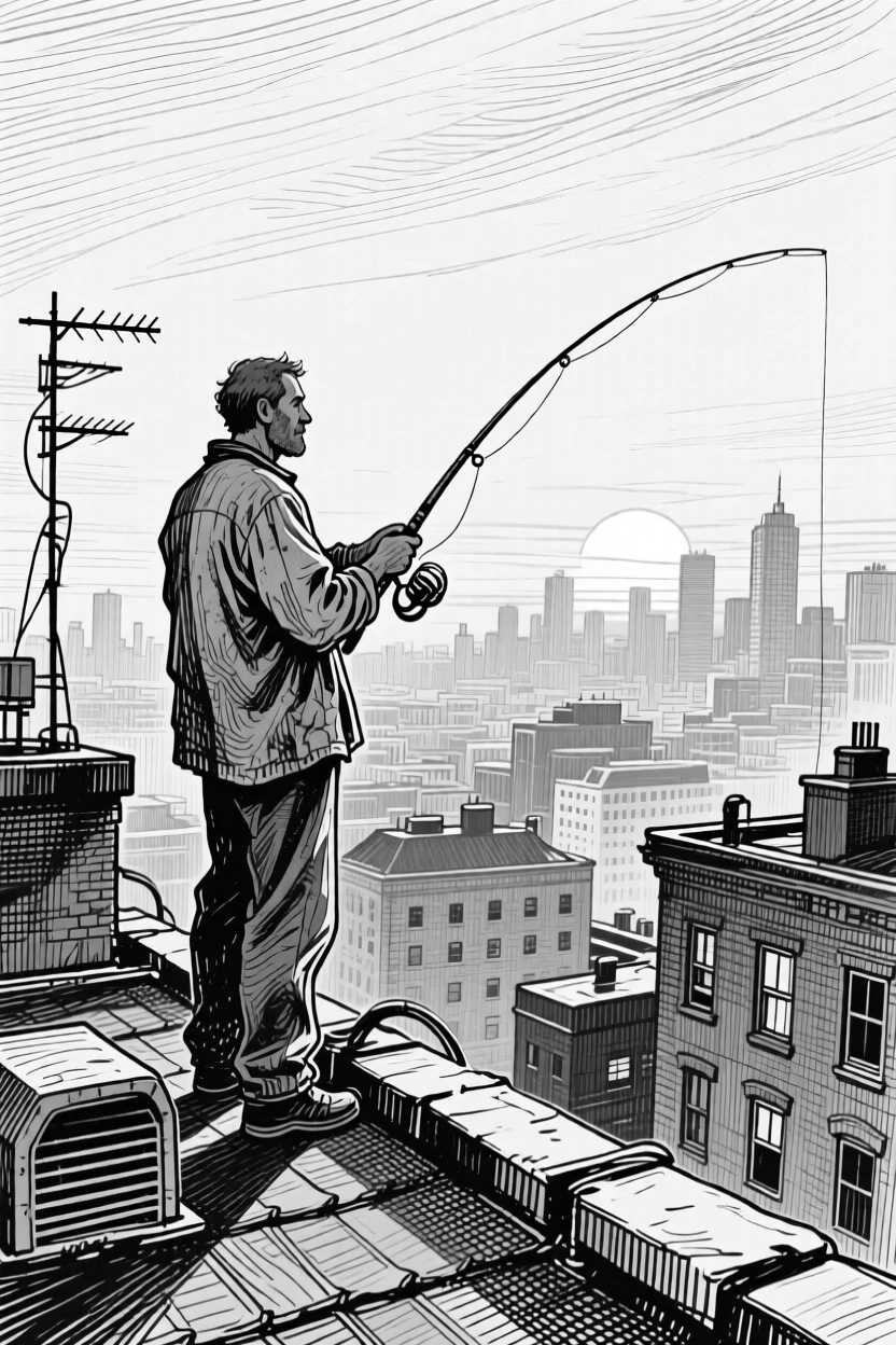 A fisherman casting a line at sunrise on a rooftop overlooking the city skyline, with a look of quiet contentment, creating a quietly intimate lifestyle scene.