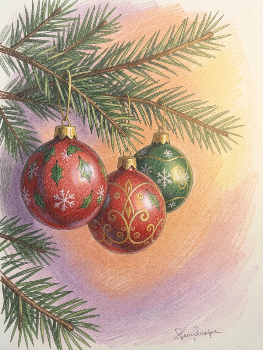 A row of hand-painted Christmas ornaments hanging on a decorated tree, bathed in the warm glow of golden-hour light, radiating comfort, joy, and quiet beauty.