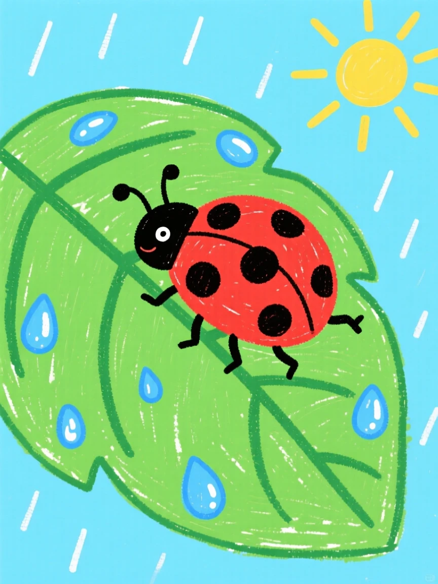 A ladybug crawling along a green leaf after rain.