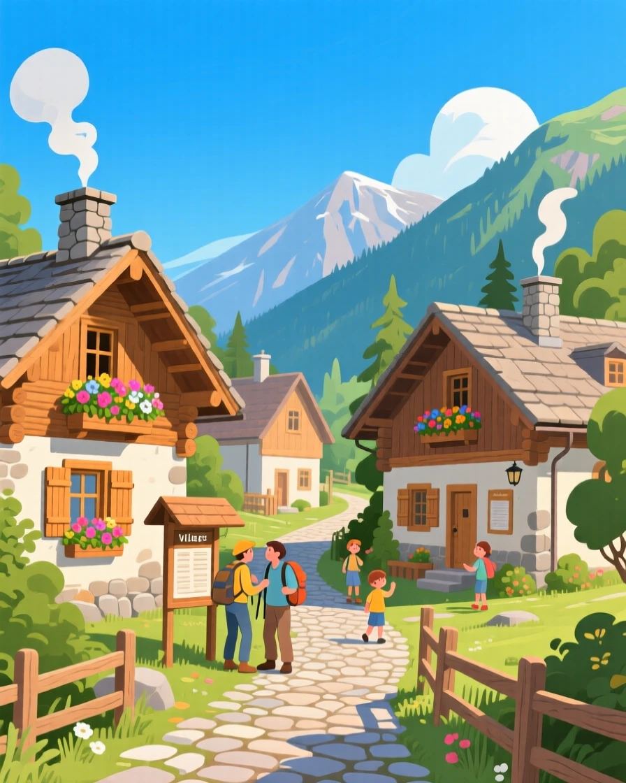 A rustic mountain village with smoke curling from chimneys, under a clear crisp blue sky, composed with charming architectural details in focus, with a joyful, adventurous atmosphere.