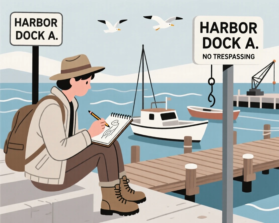 A traveler sketching in a notebook near a bustling harbor.