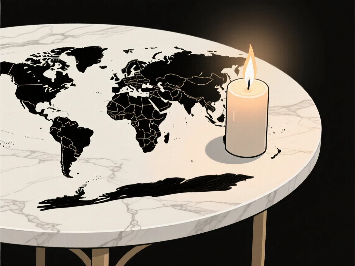A close-up study of a hand-drawn world map placed beside a burning candle on a marble side table, full of vintage warmth.