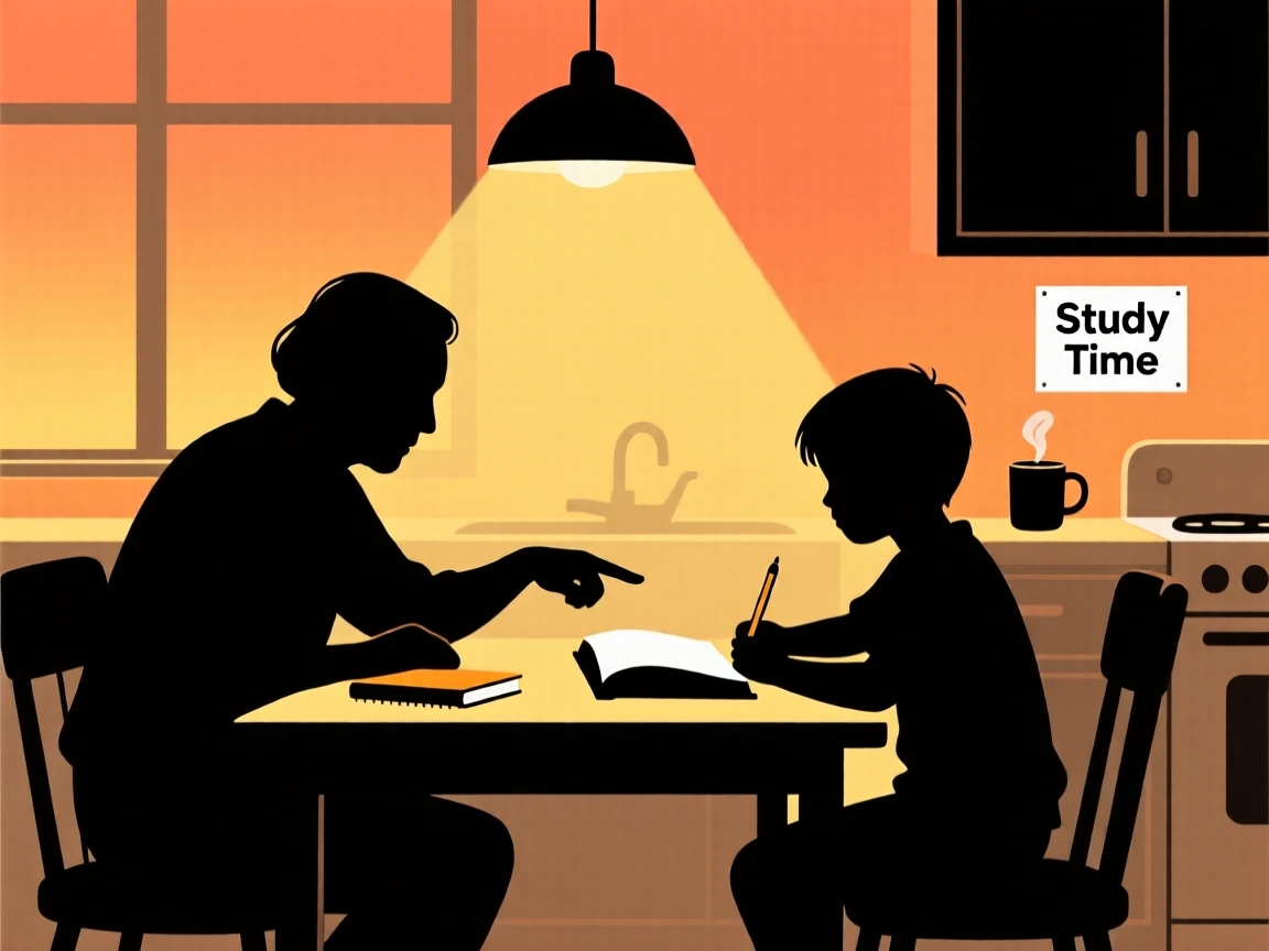 An older sibling helping a younger one with homework at the kitchen table.