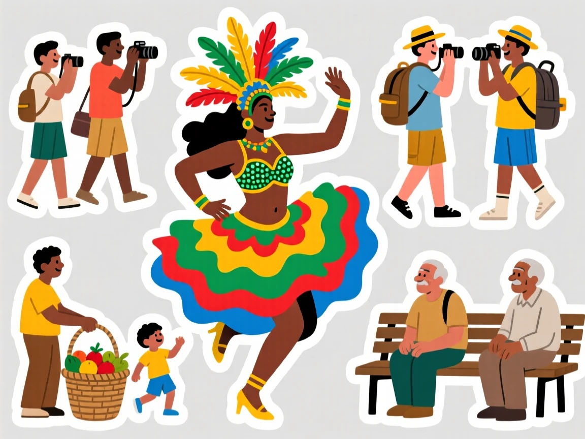 A culturally vibrant colorful Rio-style carnival dancer costume, with locals going about their day, as travelers pass by with cameras ready.