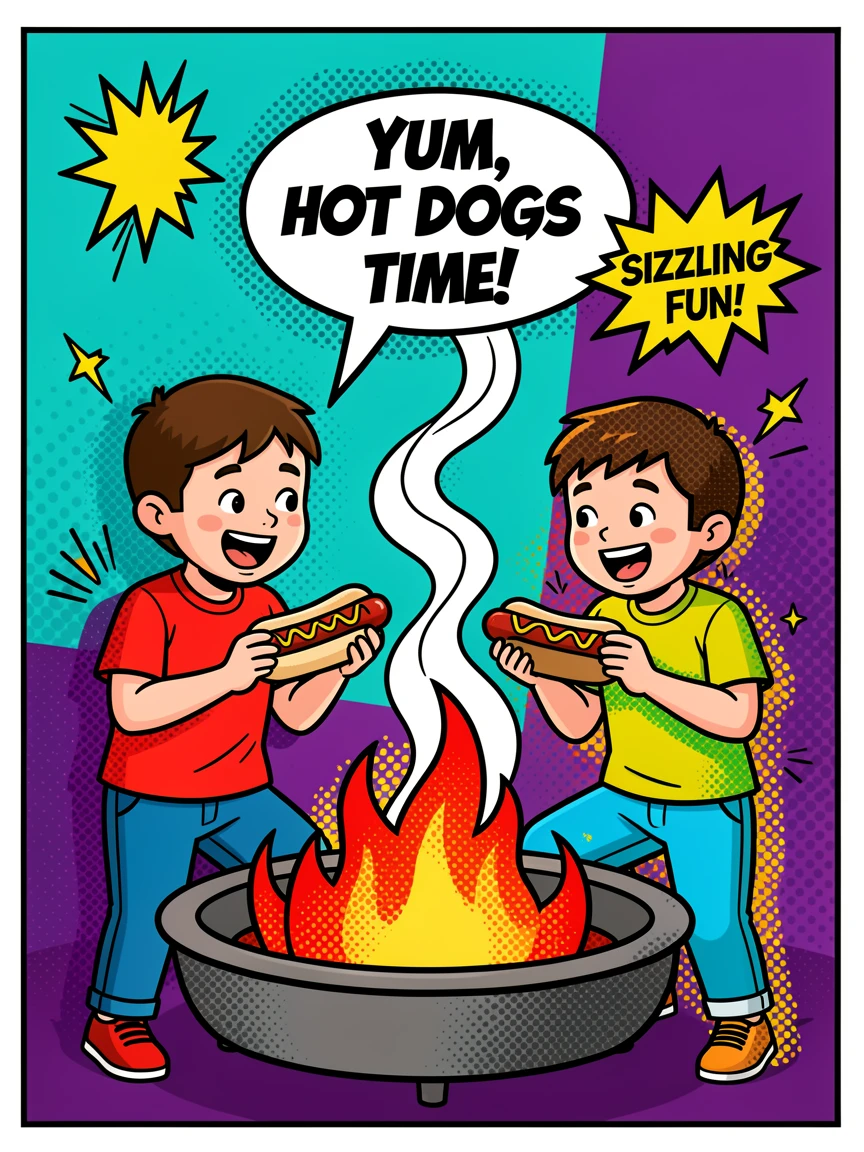 Kids roasting hot dogs over a backyard fire pit