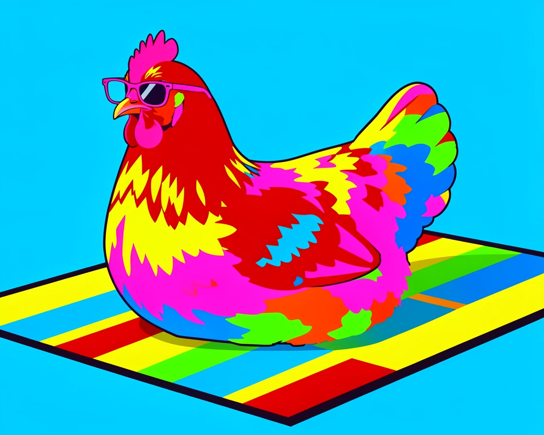Chicken wearing tiny sunglasses lounging on a beach towel