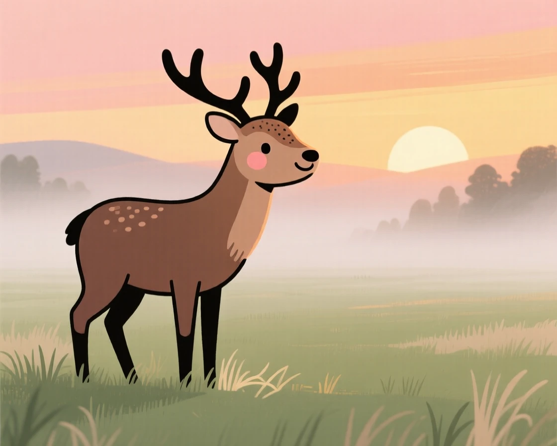 A elk stands at the edge of a misty meadow, grazing peacefully as the rising sun paints the sky in warm colors.