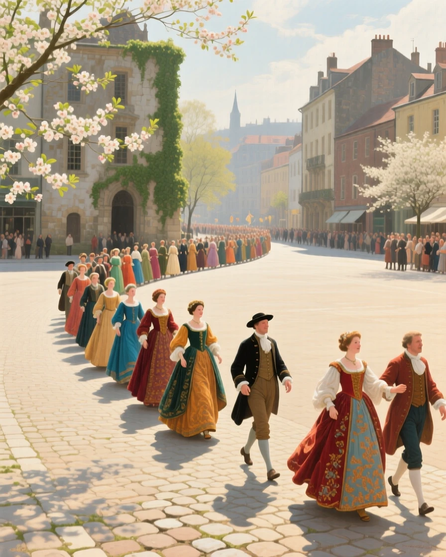 An expansive vista of a costumed parade winding through a historic town square, in early spring, in bright warm sunshine.