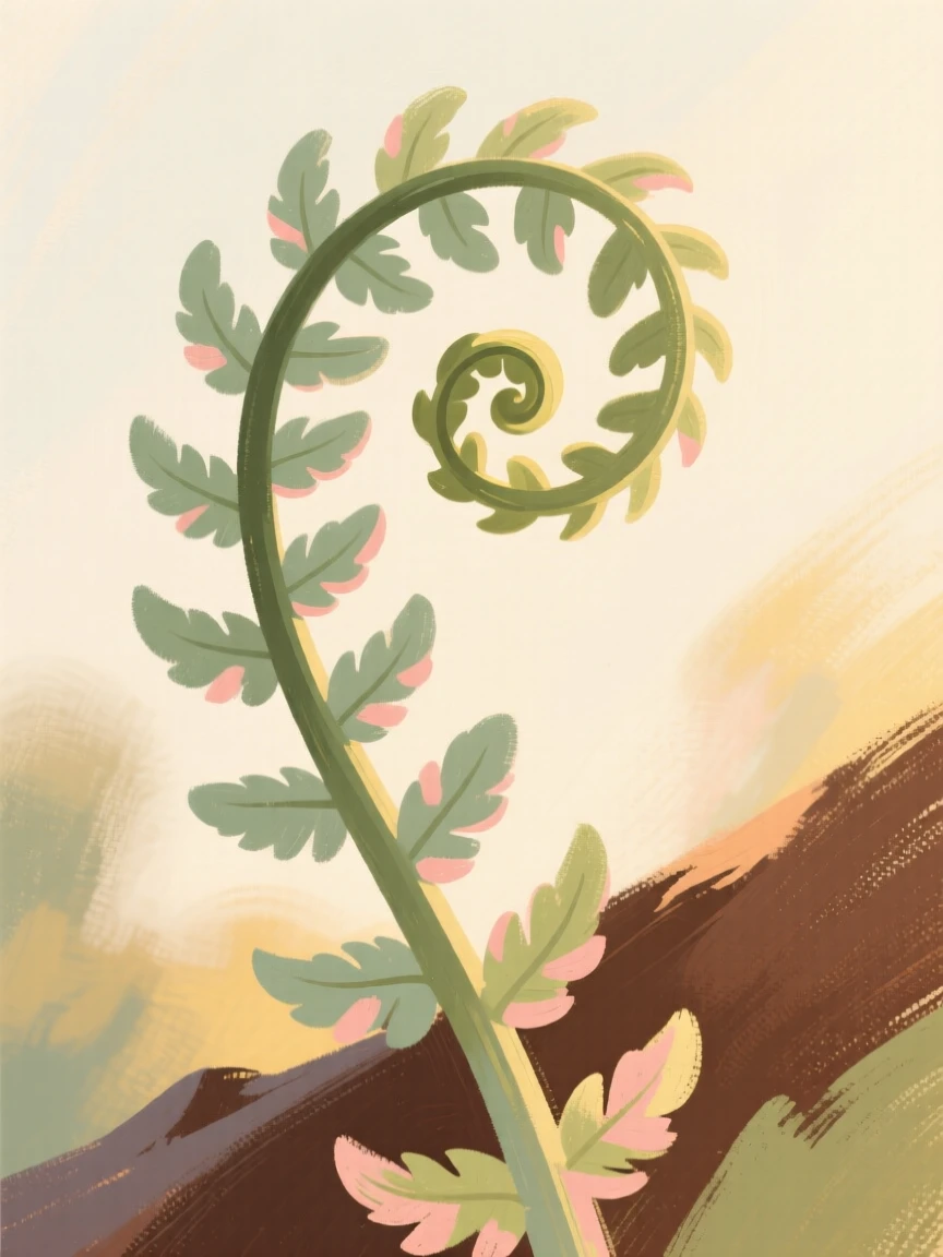 A close-up of a fern unfurling its new spring frond