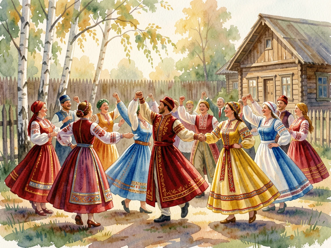 A traditional Russian folk dance in colorful costume as the community gathers together in celebration.