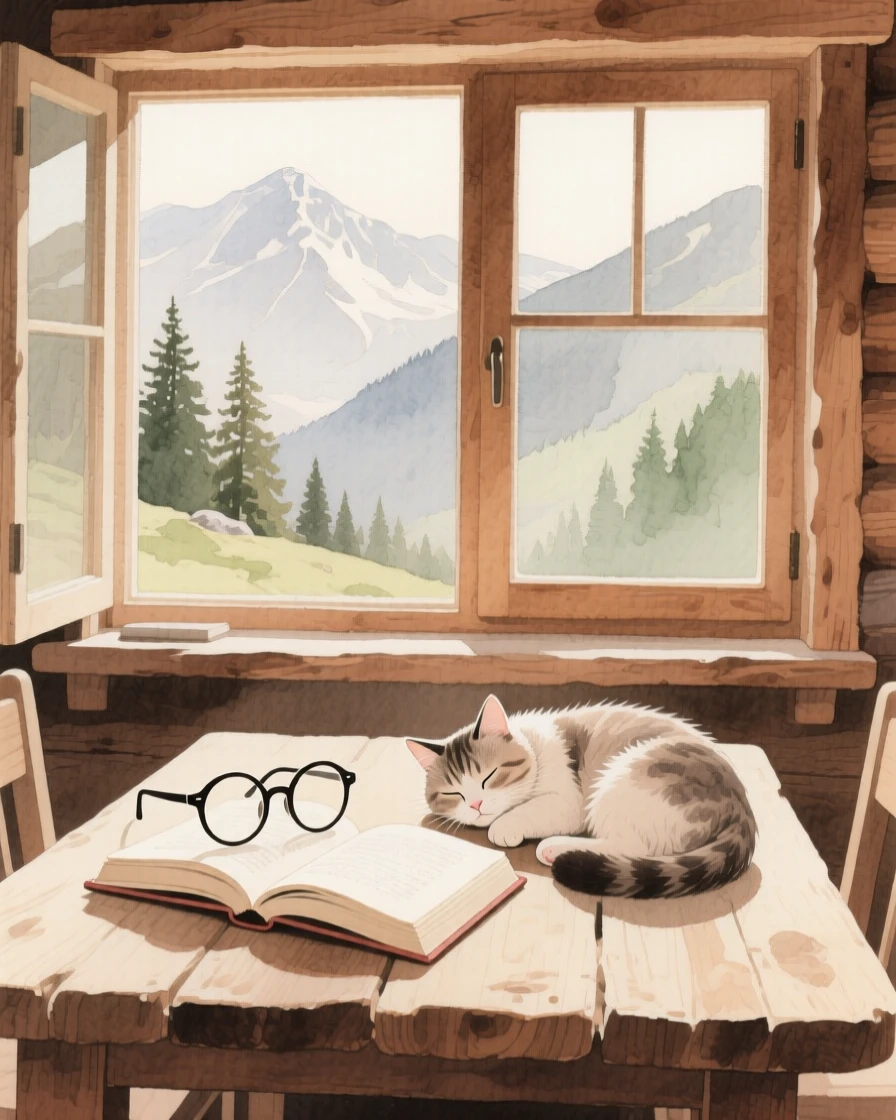 A charming view of a mountain lodge den, with a cat curled asleep nearby, featuring a pair of reading glasses resting on an open book