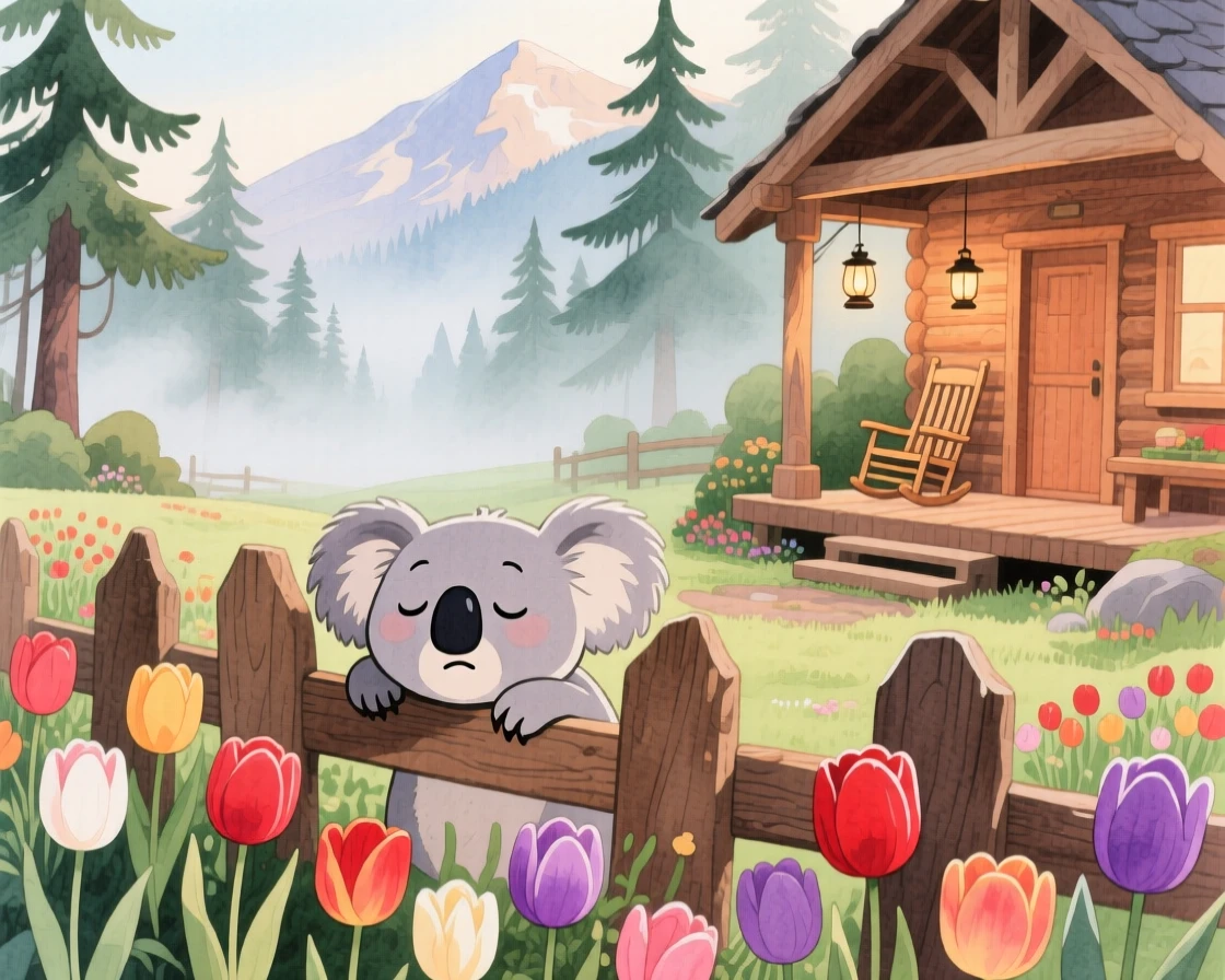 A sleepy koala peeking through a fence at a garden full of tulips, set in a mountain cabin porch overlooking misty pines, filled with wide-eyed wonder.