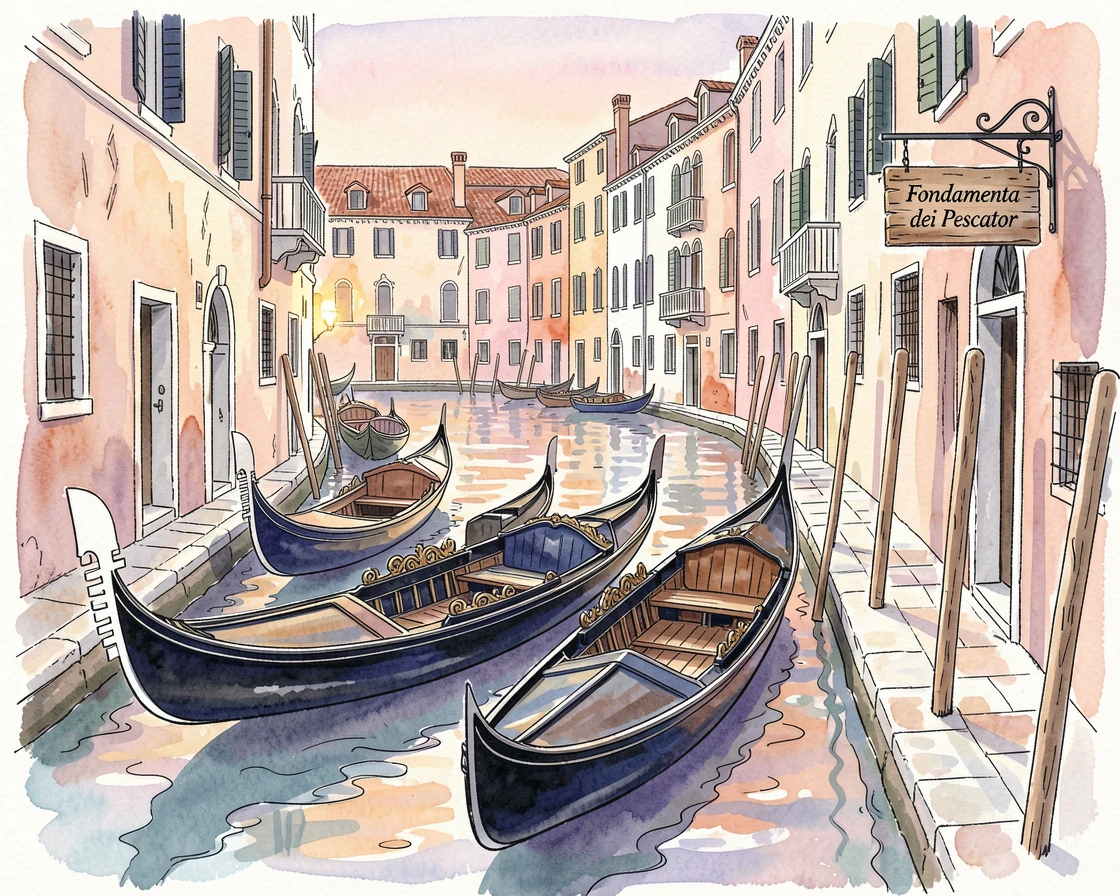 A row of gondolas resting along a quiet Venetian canal at dawn, the scene rich with texture and quiet character.