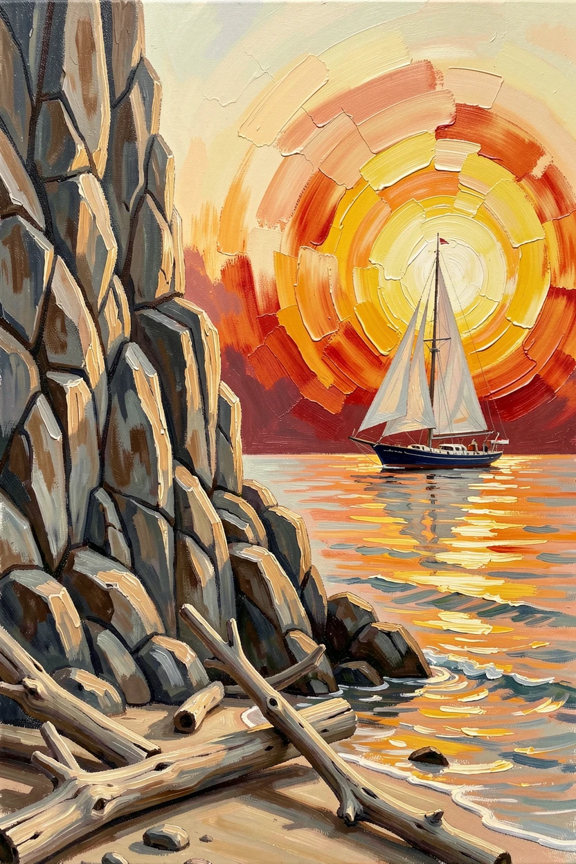 A dramatic cliffside coastline, a single sailboat crossing the horizon, beside a scattering of smooth driftwood, at sunset, the sun sinking into the horizon in a blaze of gold.