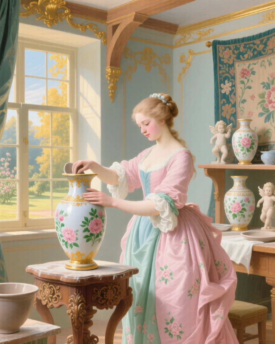 A potter shaping a decorated vase in a sunlit workshop  