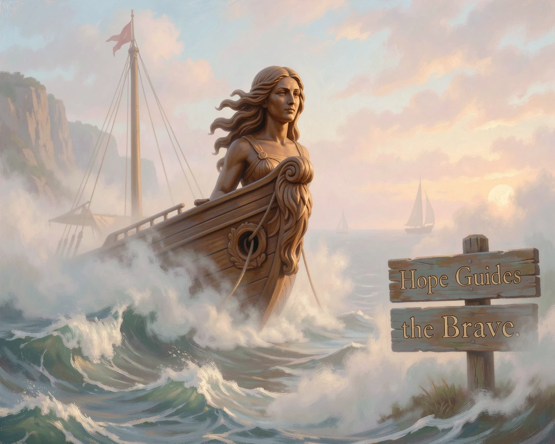 A ship's figurehead cuts through the mist of an early morning sea.