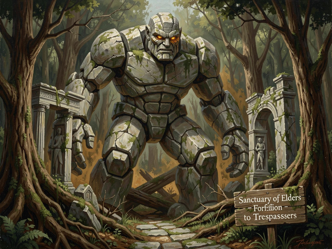 A massive stone golem awakening amid ancient forest ruins, with a sense of scale that conveys awe and grandeur, designed to captivate the imagination while feeling grounded in realism