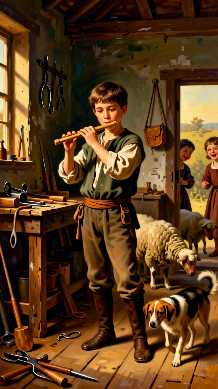 A shepherd boy playing a simple flute among his grazing flock at the gentle heart of a simple daily ritual, set within a modest workshop filled with tools and warm light, with children's laughter and a stray dog weaving underfoot; warm natural light elevates a humble scene into something timeless, capturing the timeless rhythm of rural and village life.