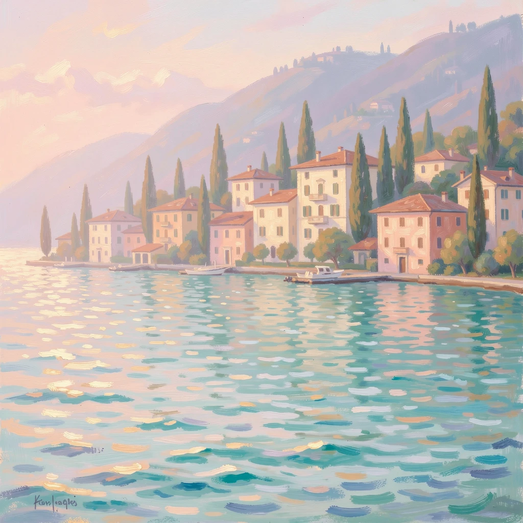 The turquoise waters of Lake Como framed by pastel villas and cypress-covered hills, as the first light of dawn breaks, capturing a fleeting moment of pure happiness.