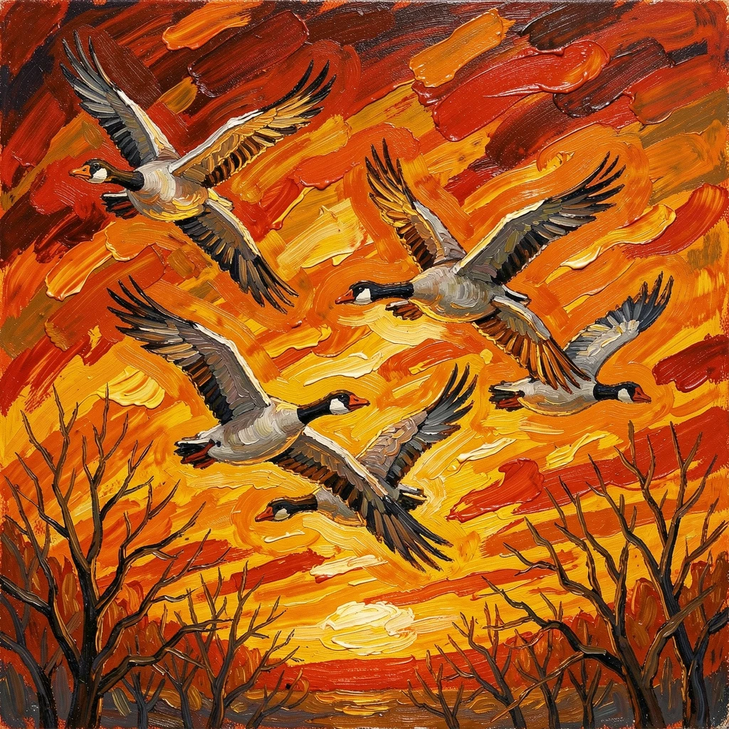 A flock of geese flying in formation across a fiery autumn sunset.