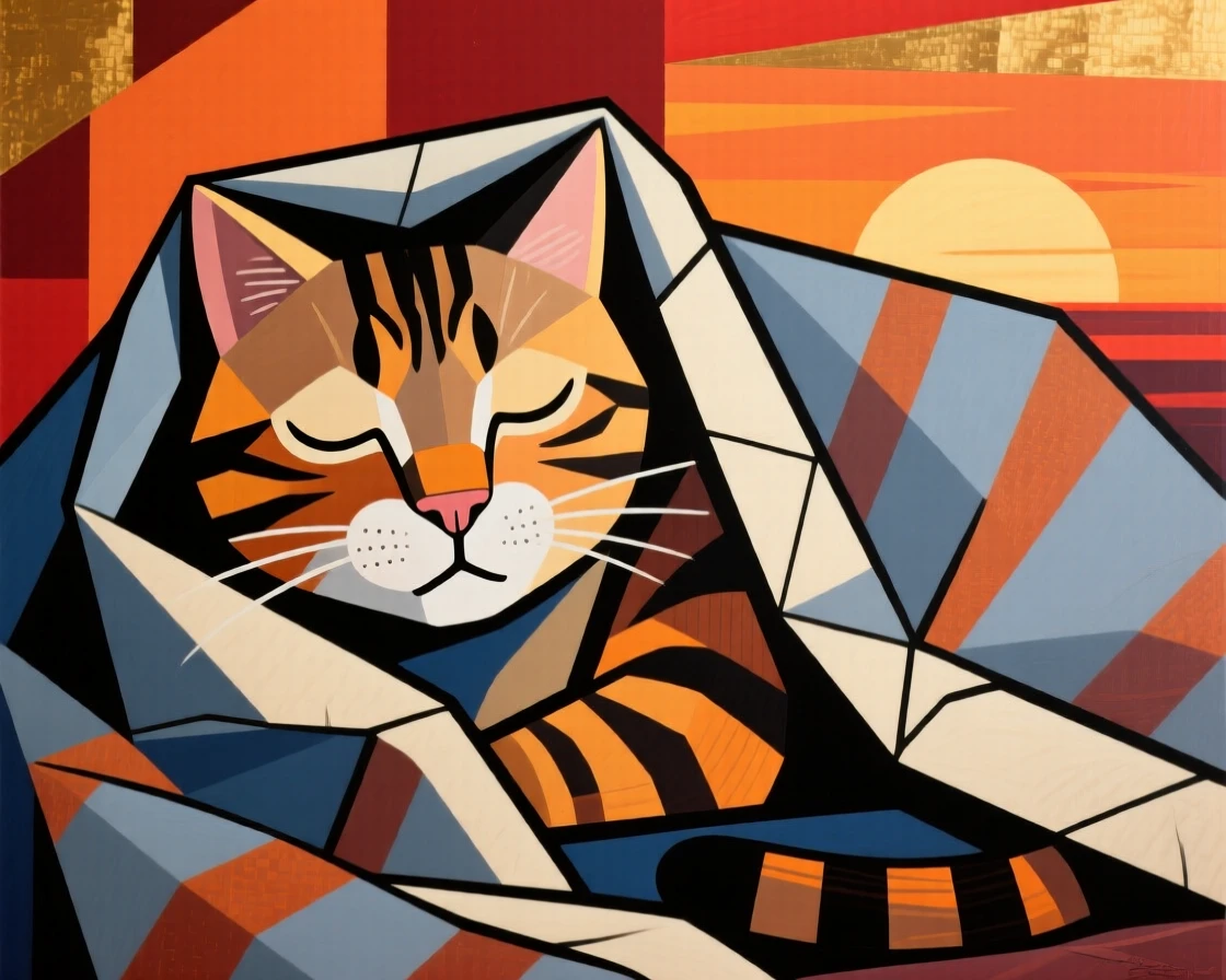 A charming portrait of a sleepy tabby cat peeking out from beneath a cozy blanket, just before sunset.