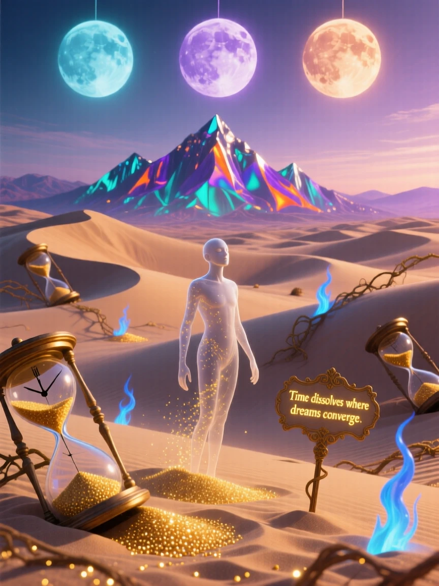 A desert of rolling dunes made from fine golden hourglass sand lies silent under the pale glow of three distant moons, while distant mountains seem to shimmer like a mirage.