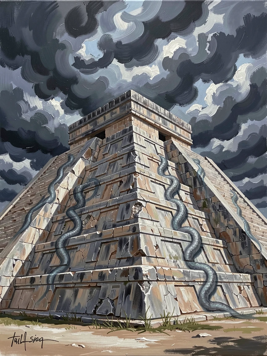 Chichen Itza's pyramid stands dramatically against a stormy sky, feathered serpent shadows creeping down its stepped stone sides during the equinox, the play of light across weathered surfaces revealing decades of history in every wall.