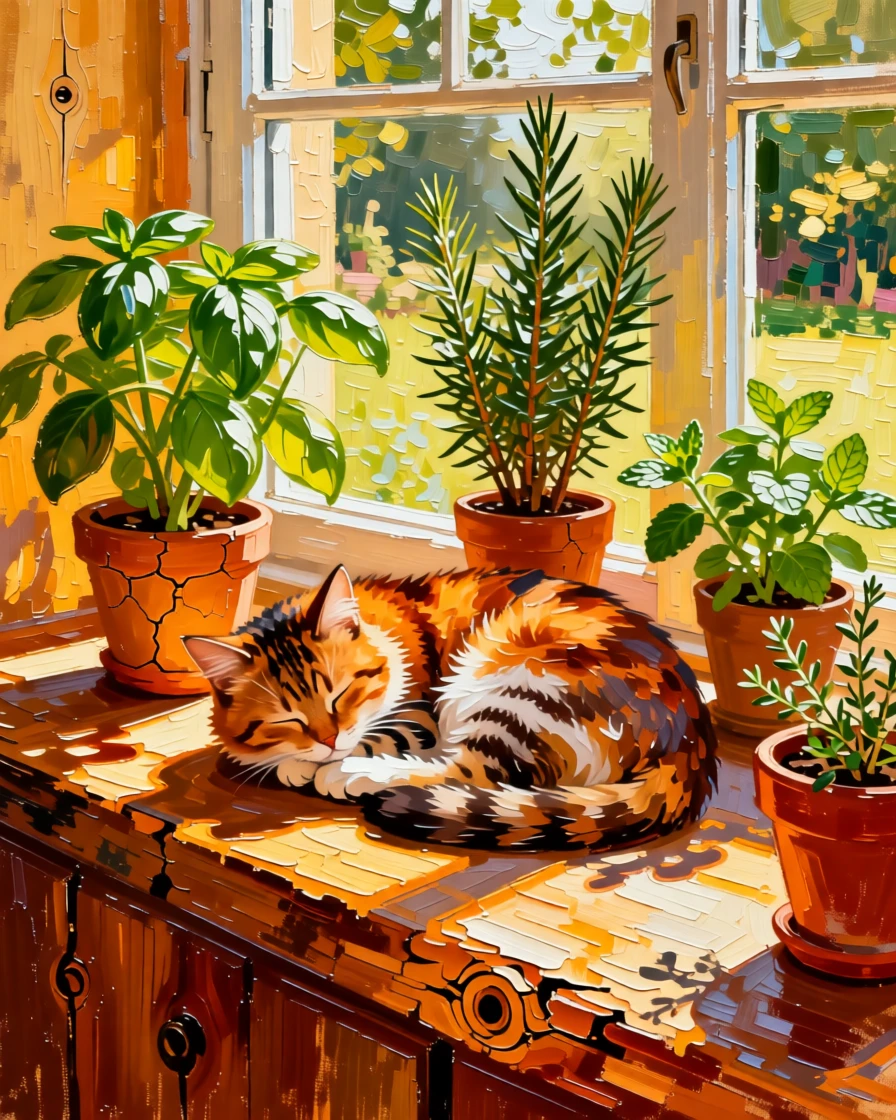 A cat curled asleep in a sunbeam on a wooden windowsill filled with potted herbs