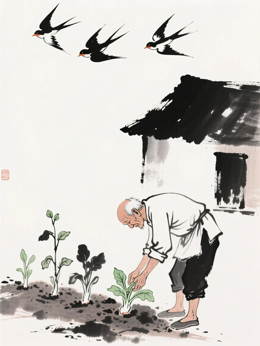 An elderly farmer tends a small vegetable garden beside his home, as birds wheel above the newly planted fields.