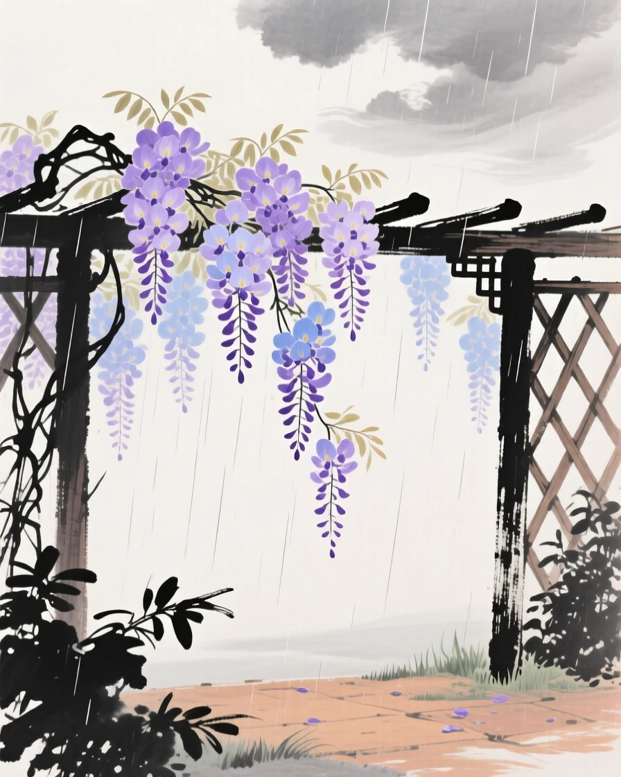 Wisteria cascading in purple clusters over a garden trellis, as summer rain begins to fall, beneath low hanging clouds.