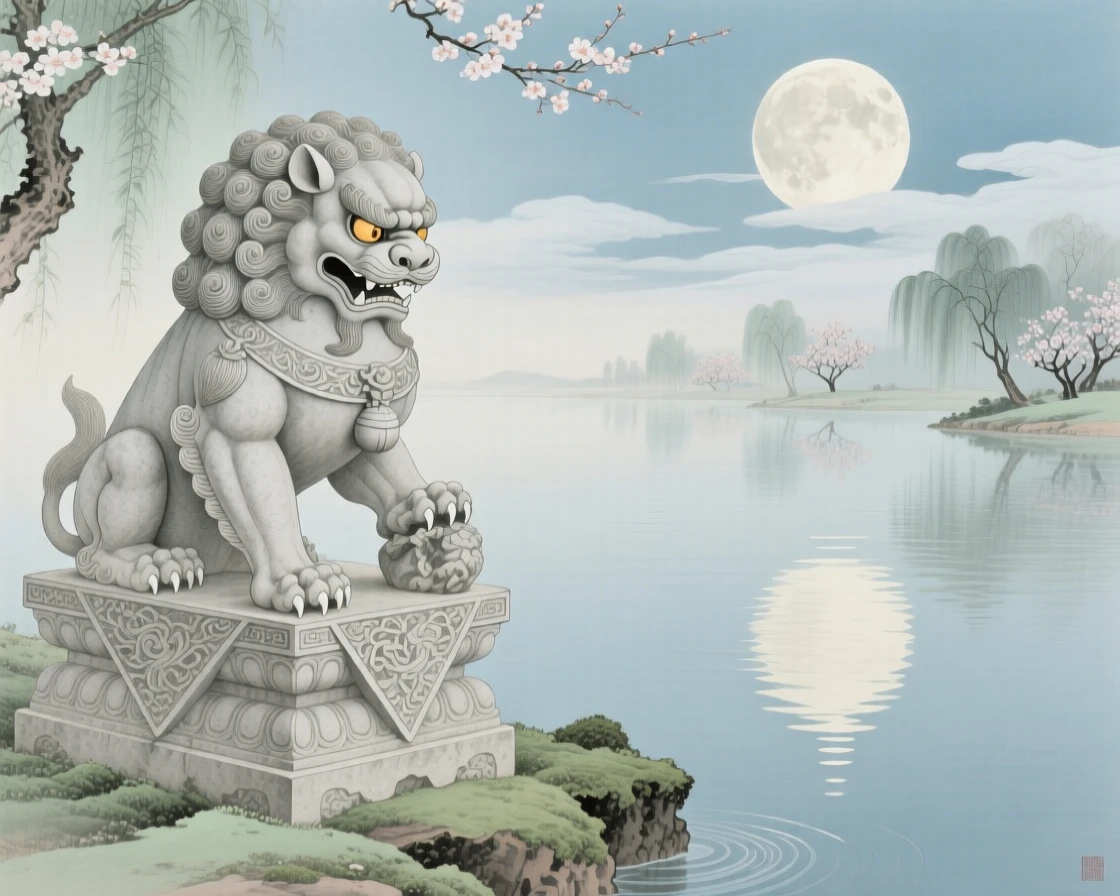 A stone guardian lion statue coming to life over a calm lake reflecting the full moon