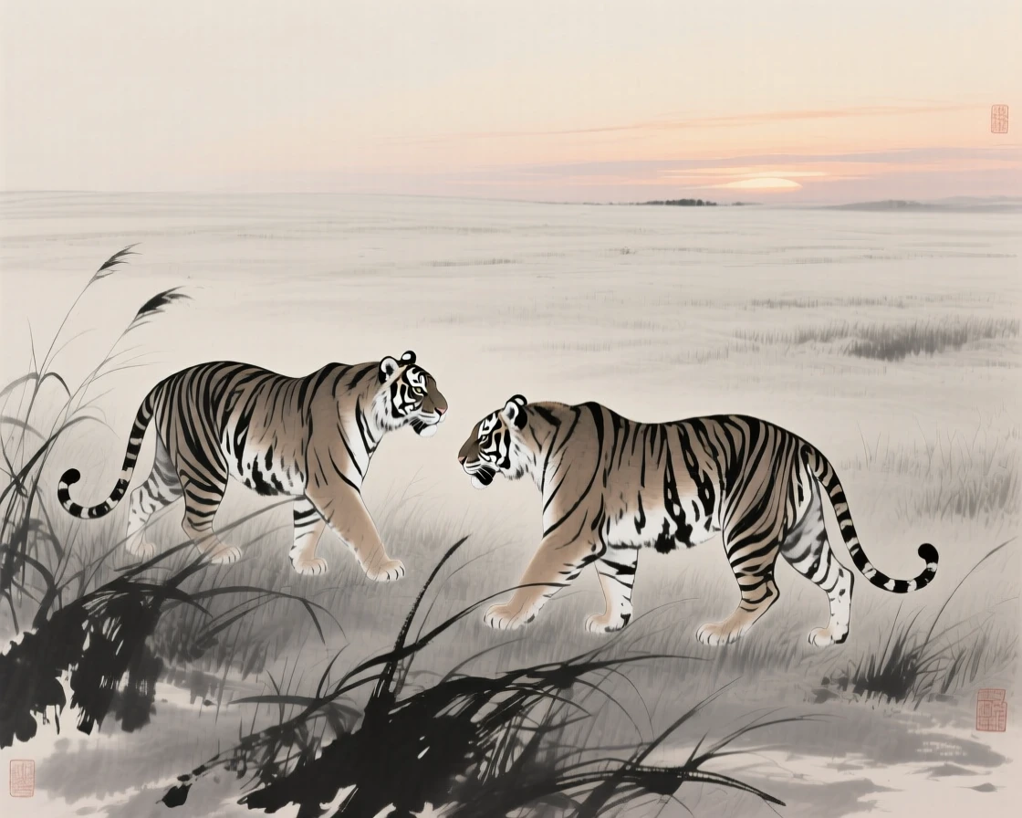 A pair of tigers walking through tall grass at dusk across an open grassy plain, captured in profile against a soft, empty background, conveying quiet strength and natural grace.
