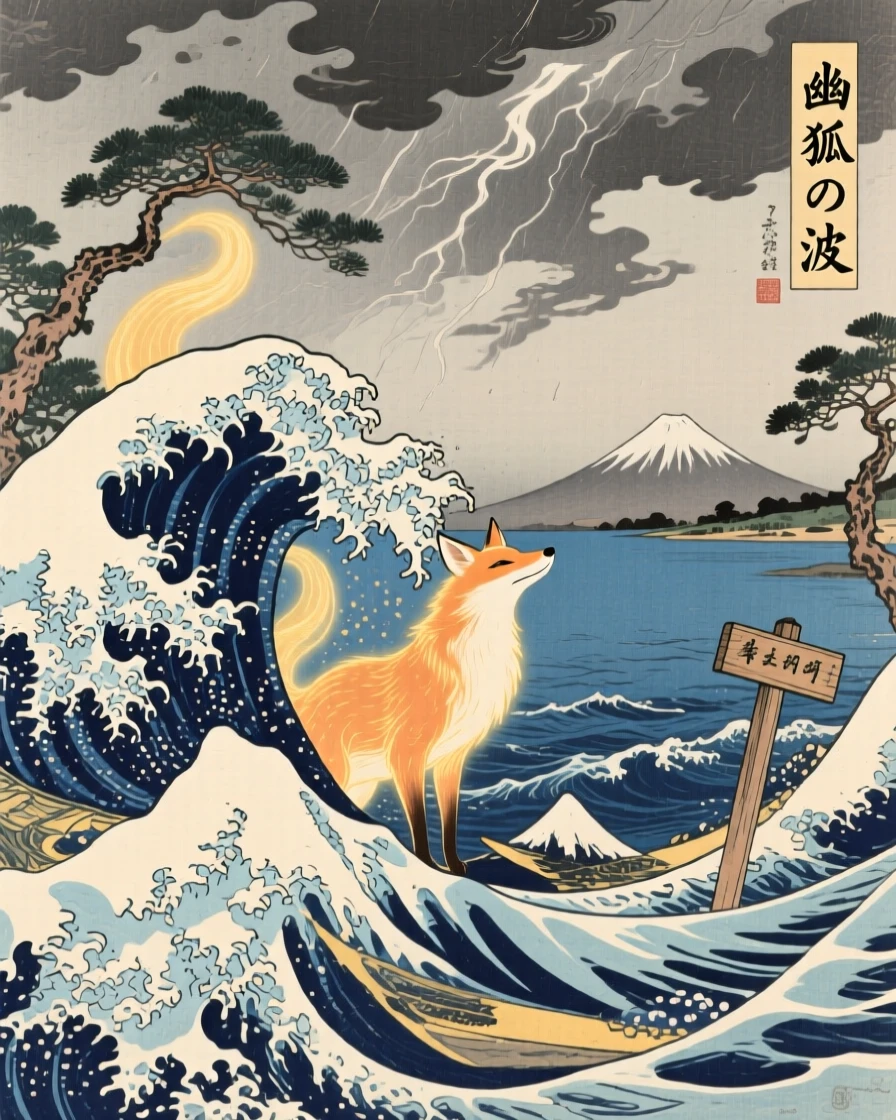 A glowing spirit fox emerging from crashing waves beneath a stormy sky.