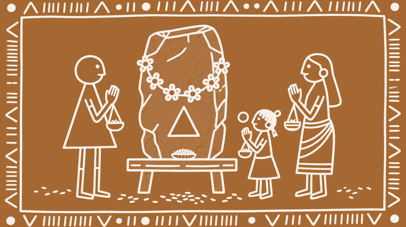 A family of worshippers before a stone deity adorned with flowers.