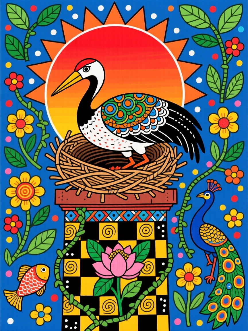 A stork's nest perched atop a village chimney at sunset.