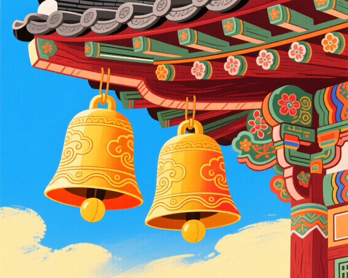 A pair of golden bells hanging from a temple eave, symbolizing good fortune.