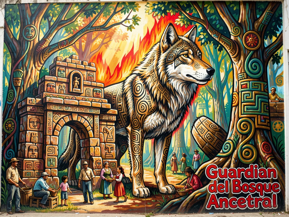 A mythical wolf guarding the gates of an ancient forest